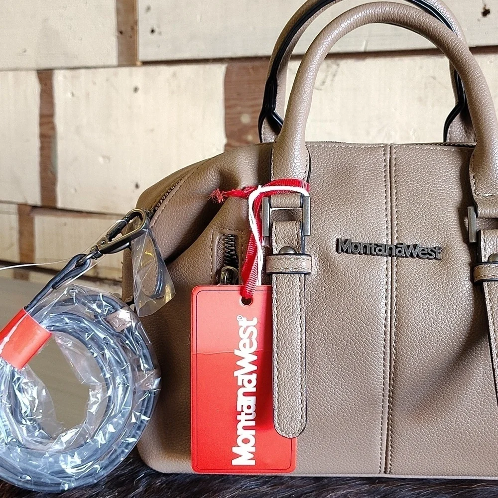 Montana West satchel crossbody bag beige zip lop double handle PU leather pocket